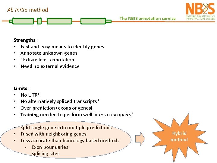 Ab initio method The NBIS annotation service Strengths : • Fast and easy means