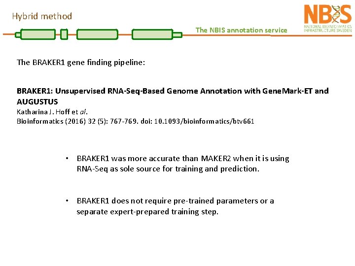 Hybrid method The NBIS annotation service The BRAKER 1 gene finding pipeline: BRAKER 1: