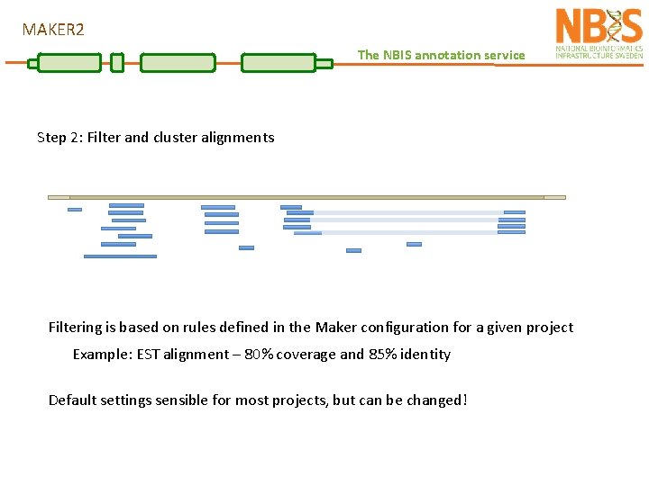 MAKER 2 The NBIS annotation service Step 2: Filter and cluster alignments Filtering is