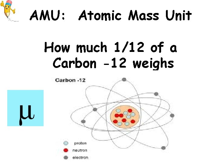 AMU: Atomic Mass Unit How much 1/12 of a Carbon -12 weighs 