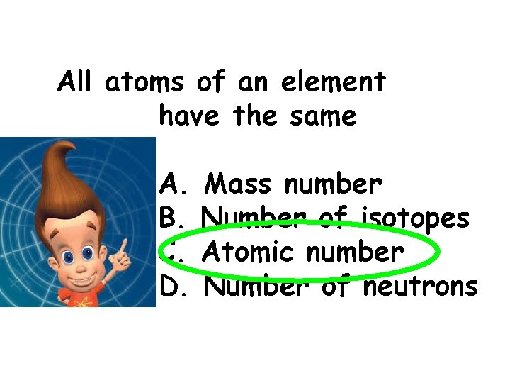 All atoms of an element have the same A. B. C. D. Mass number