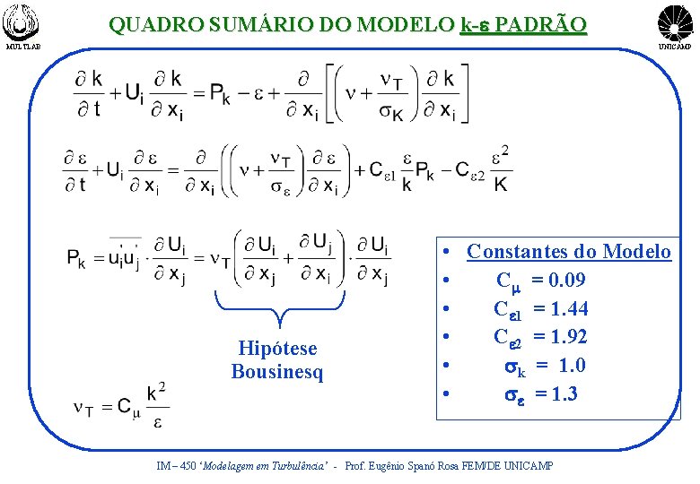 QUADRO SUMÁRIO DO MODELO k-e PADRÃO MULTLAB UNICAMP Hipótese Bousinesq • Constantes do Modelo