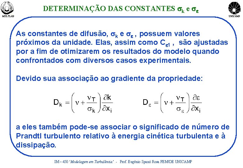 DETERMINAÇÃO DAS CONSTANTES sk e se MULTLAB UNICAMP As constantes de difusão, sk e