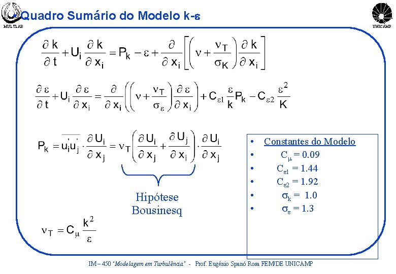  • Quadro Sumário do Modelo k-e MULTLAB UNICAMP Hipótese Bousinesq • Constantes do