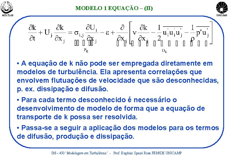 MODELO 1 EQUAÇÃO – (II) MULTLAB UNICAMP • A equação de k não pode