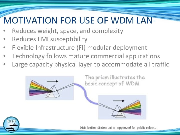 MOTIVATION FOR USE OF WDM LAN • • • Reduces weight, space, and complexity