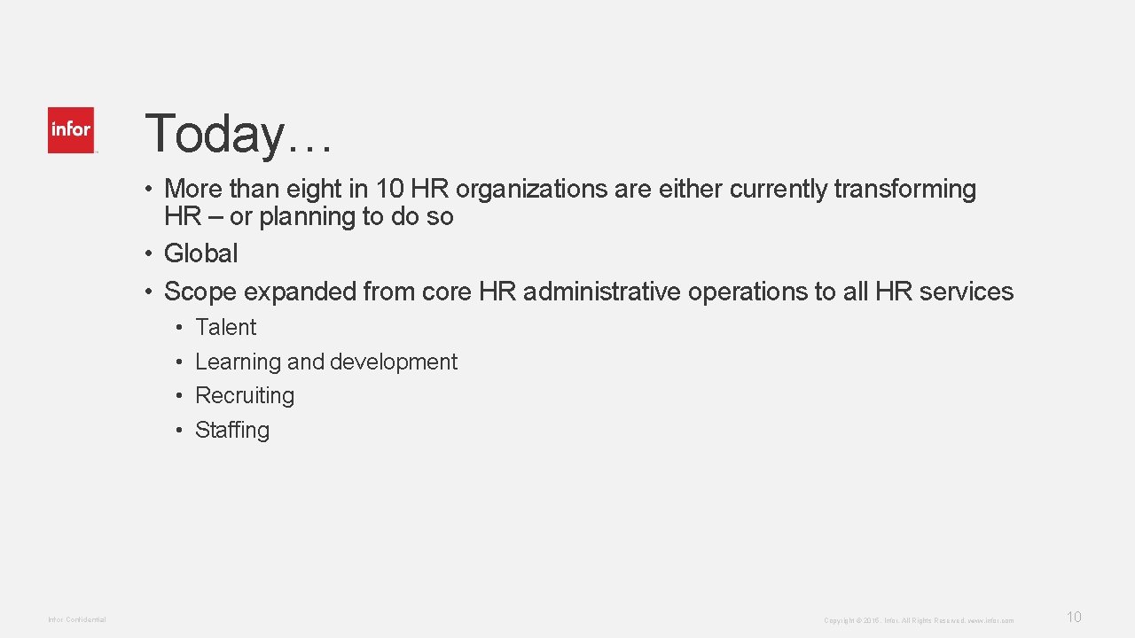 Today… • More than eight in 10 HR organizations are either currently transforming HR