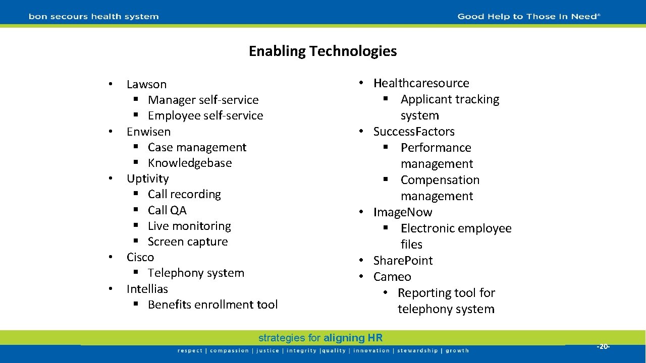 Enabling Technologies • • • Lawson § Manager self-service § Employee self-service Enwisen §