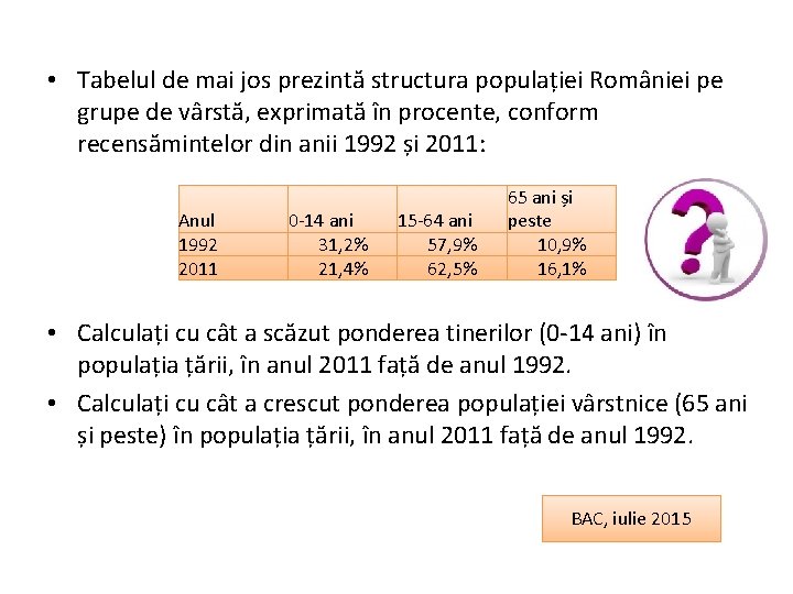  • Tabelul de mai jos prezintă structura populației României pe grupe de vârstă,