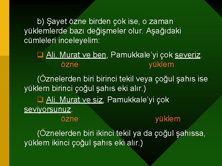 b) Şayet özne birden çok ise, o zaman yüklemlerde bazı değişmeler olur. Aşağıdaki cümleleri