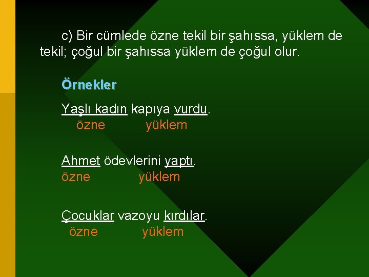 c) Bir cümlede özne tekil bir şahıssa, yüklem de tekil; çoğul bir şahıssa yüklem