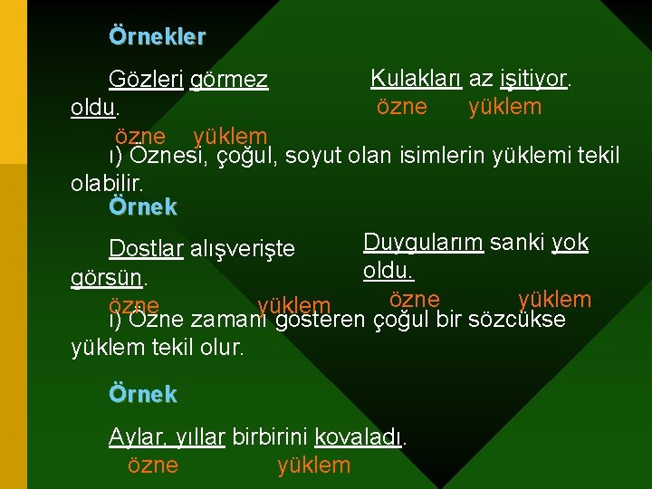 Örnekler Kulakları az işitiyor. Gözleri görmez özne yüklem oldu. özne yüklem ı) Öznesi, çoğul,