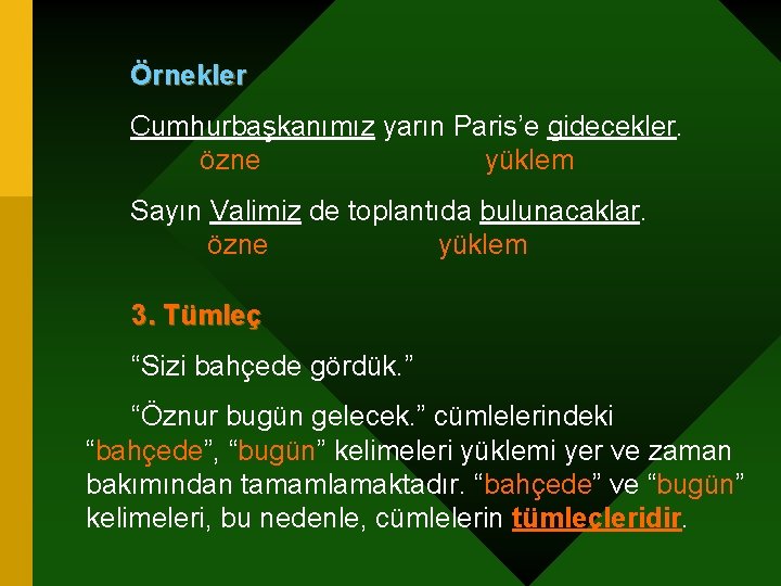 Örnekler Cumhurbaşkanımız yarın Paris’e gidecekler. özne yüklem Sayın Valimiz de toplantıda bulunacaklar. özne yüklem