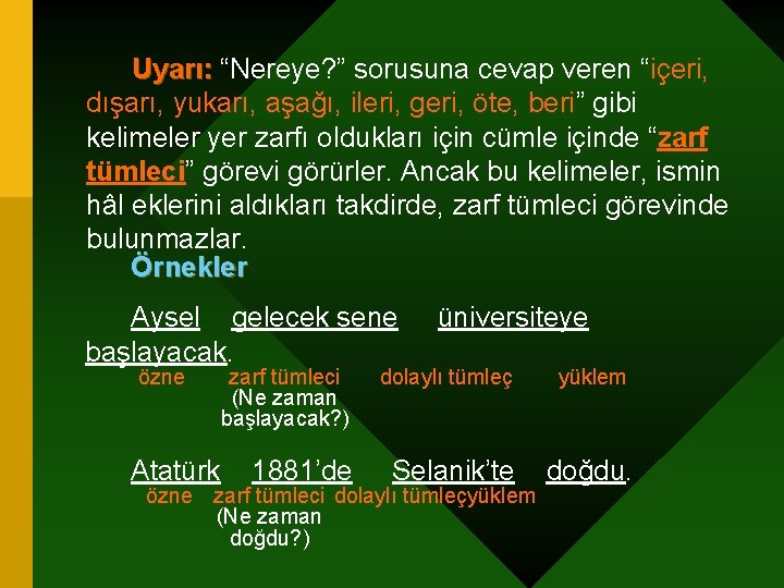 Uyarı: “Nereye? ” sorusuna cevap veren “içeri, dışarı, yukarı, aşağı, ileri, geri, öte, beri”