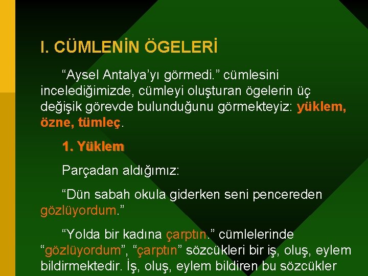 I. CÜMLENİN ÖGELERİ “Aysel Antalya’yı görmedi. ” cümlesini incelediğimizde, cümleyi oluşturan ögelerin üç değişik