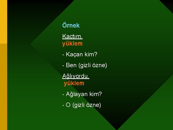 Örnek Kaçtım. yüklem - Kaçan kim? - Ben (gizli özne) Ağlıyordu. yüklem - Ağlayan