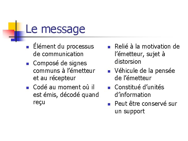 Le message n n n Élément du processus de communication Composé de signes communs