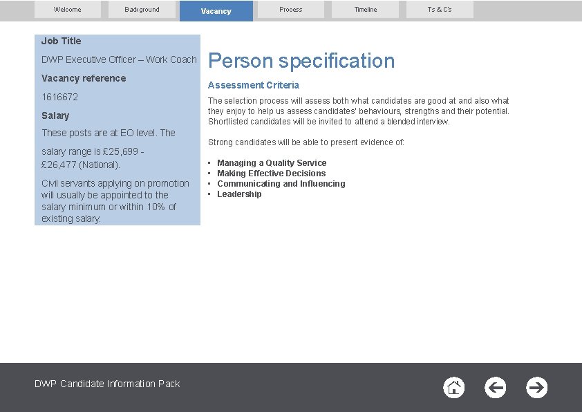 Welcome Background Vacancy Process Timeline T’s & C’s Job Title DWP Executive Officer –
