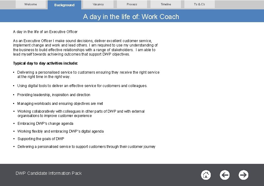 Welcome Vacancy Background Process Timeline A day in the life of: Work Coach A