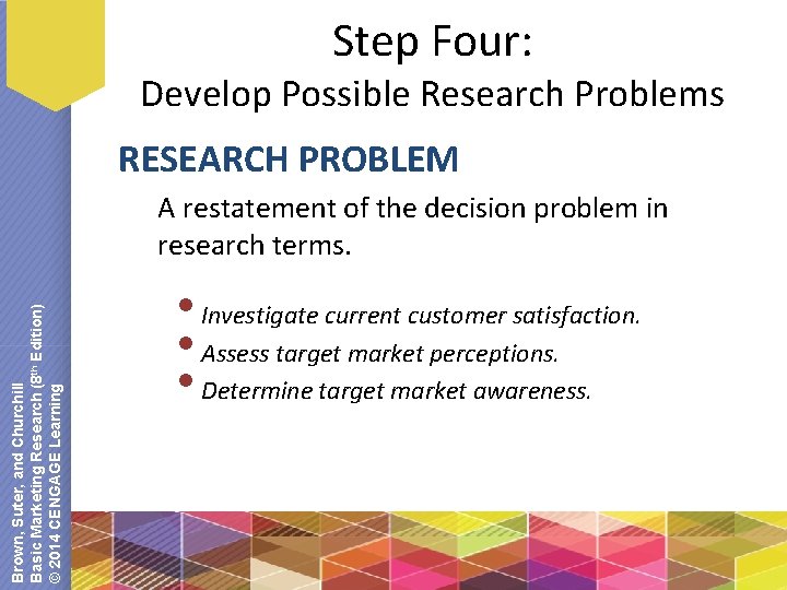 Step Four: Develop Possible Research Problems RESEARCH PROBLEM Brown, Suter, and Churchill Basic Marketing
