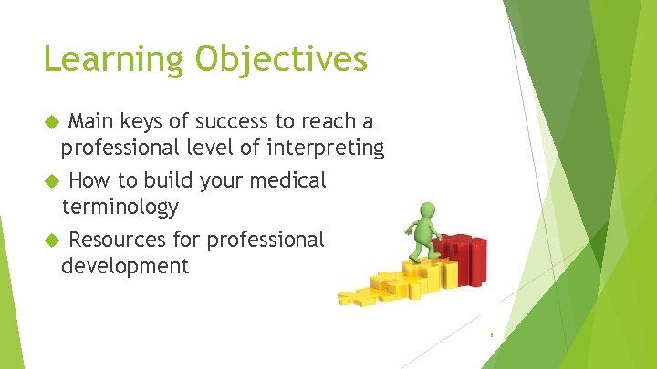 Learning Objectives Main keys of success to reach a professional level of interpreting How