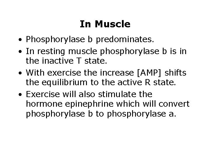 In Muscle • Phosphorylase b predominates. • In resting muscle phosphorylase b is in