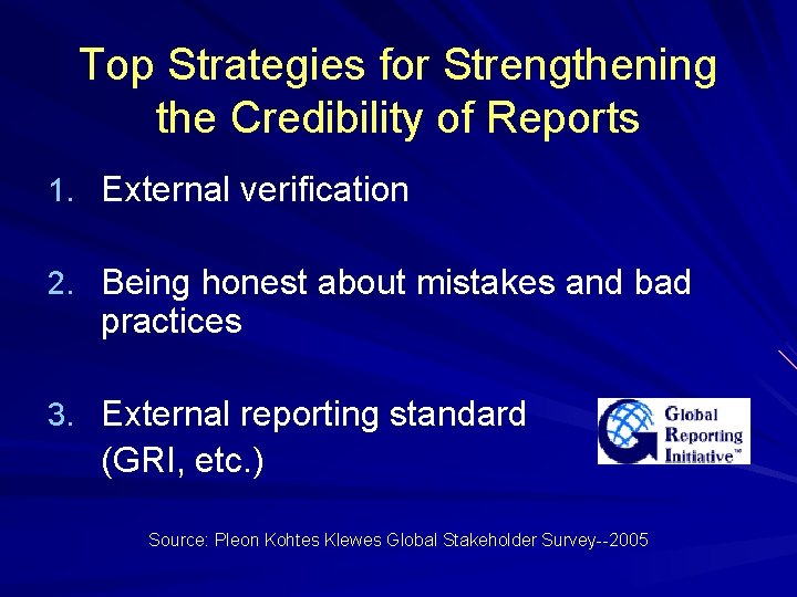 Top Strategies for Strengthening the Credibility of Reports 1. External verification 2. Being honest