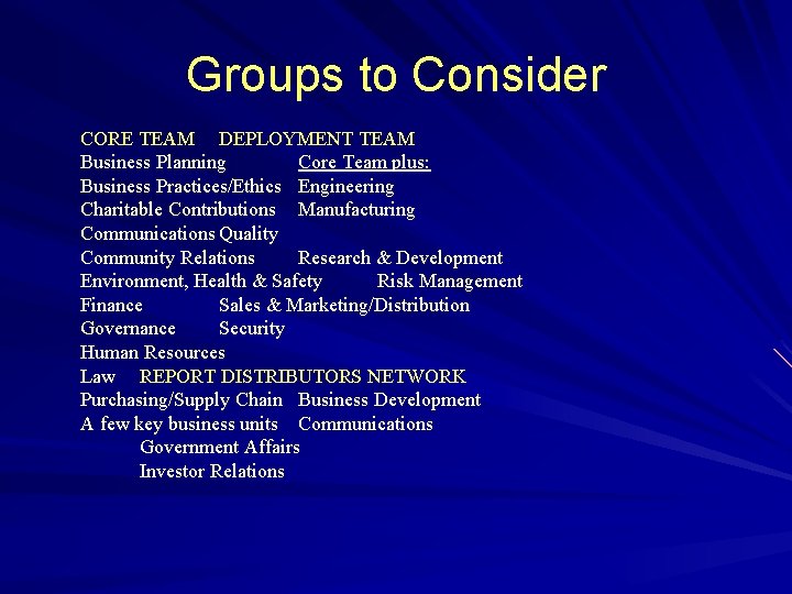 Groups to Consider CORE TEAM DEPLOYMENT TEAM Business Planning Core Team plus: Business Practices/Ethics