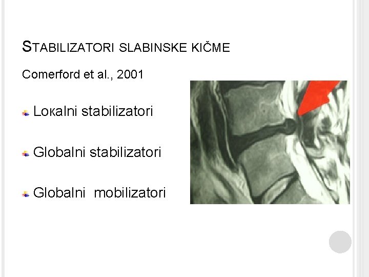 STABILIZATORI SLABINSKE KIČME Comerford et al. , 2001 Loкalni stabilizatori Globalni mobilizatori 