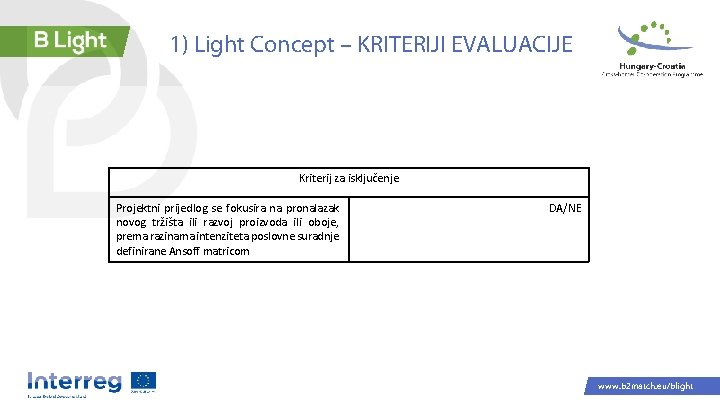 1) Light Concept – KRITERIJI EVALUACIJE Kriterij za isključenje Projektni prijedlog se fokusira na