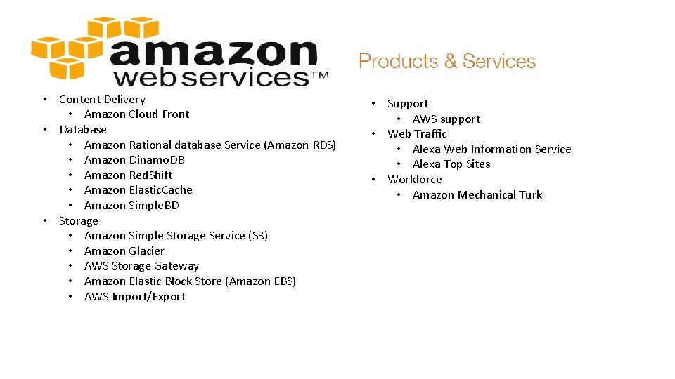  • Content Delivery • Amazon Cloud Front • Database • Amazon Rational database