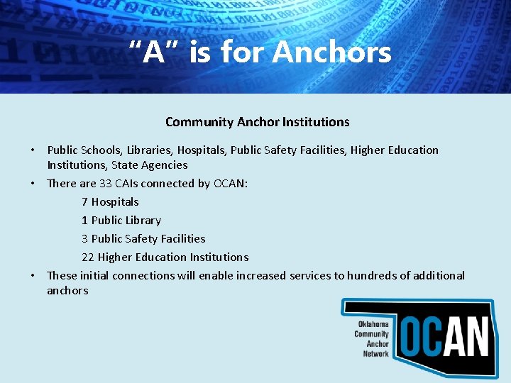 “A” is for Anchors Community Anchor Institutions • Public Schools, Libraries, Hospitals, Public Safety