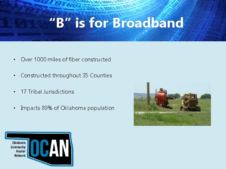 “B” is for Broadband • Over 1000 miles of fiber constructed • Constructed throughout