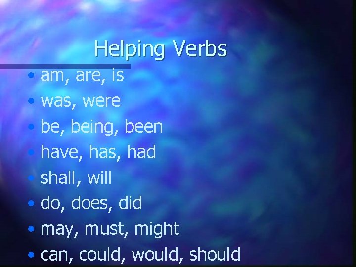 Helping Verbs • am, are, is • was, were • be, being, been •