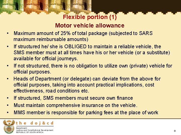 Flexible portion (1) Motor vehicle allowance • Maximum amount of 25% of total package