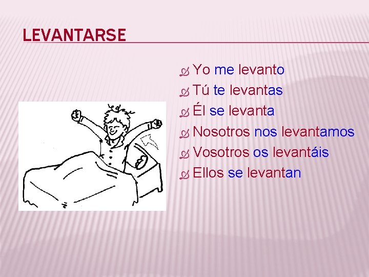 LEVANTARSE Yo me levanto Tú te levantas Él se levanta Nosotros nos levantamos Vosotros