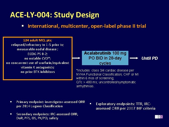 ACE-LY-004: Study Design § International, multicenter, open-label phase II trial 124 adult MCL pts;