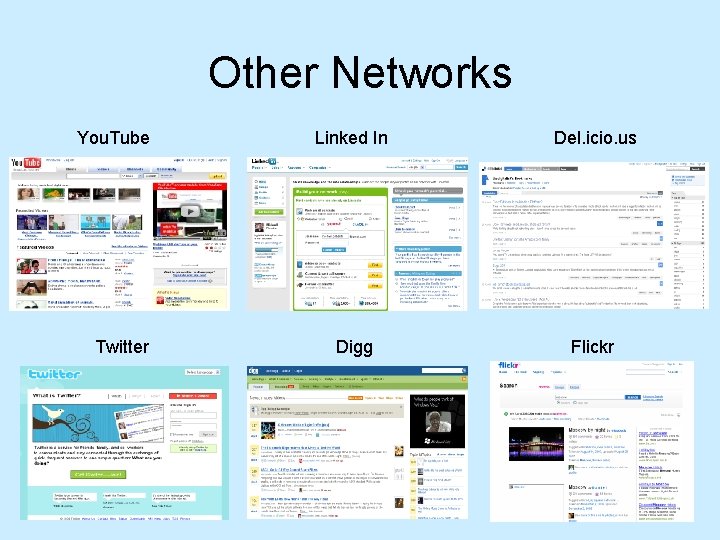 Other Networks You. Tube Twitter Linked In Del. icio. us Digg Flickr 