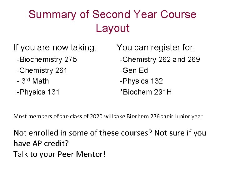 Summary of Second Year Course Layout If you are now taking: -Biochemistry 275 -Chemistry