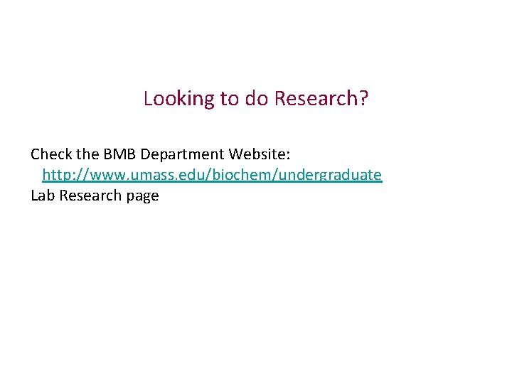 Looking to do Research? Check the BMB Department Website: http: //www. umass. edu/biochem/undergraduate Lab