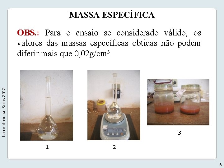 MASSA ESPECÍFICA Laboratório de Solos 2012 OBS. : Para o ensaio se considerado válido,