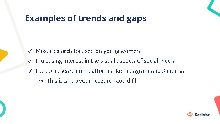 Examples of trends and gaps ✓ Most research focused on young women ✓ Increasing