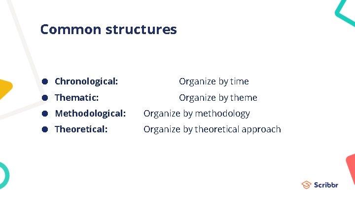 Common structures ● Chronological: Organize by time ● Thematic: Organize by theme ● Methodological: