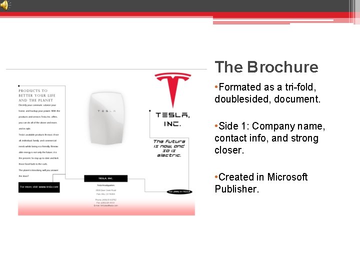 The Brochure • Formated as a tri-fold, doublesided, document. • Side 1: Company name,
