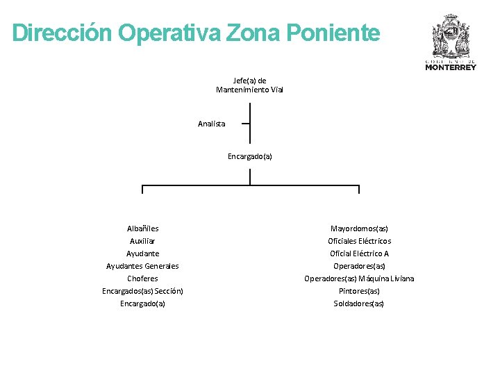 Dirección Operativa Zona Poniente Jefe(a) de Mantenimiento Vial Analista Encargado(a) Albañiles Auxiliar Ayudantes Generales