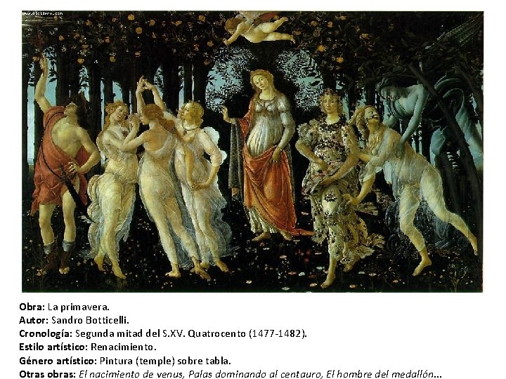 Obra: La primavera. Autor: Sandro Botticelli. Cronología: Segunda mitad del S. XV. Quatrocento (1477