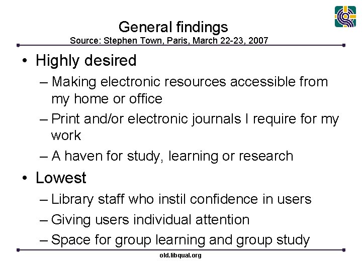 General findings Source: Stephen Town, Paris, March 22 -23, 2007 • Highly desired –