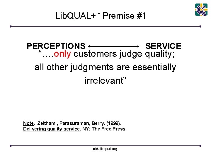 Lib. QUAL+™ Premise #1 PERCEPTIONS SERVICE “…. only customers judge quality; all other judgments