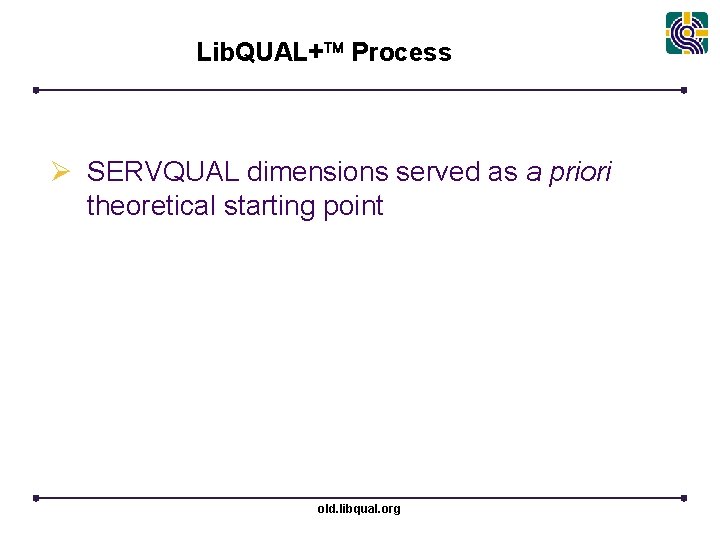 Lib. QUAL+ Process Ø SERVQUAL dimensions served as a priori theoretical starting point old.