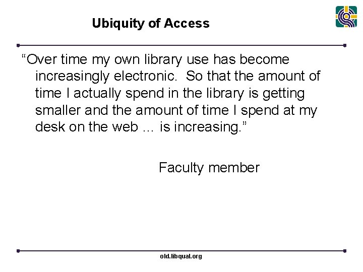 Ubiquity of Access “Over time my own library use has become increasingly electronic. So